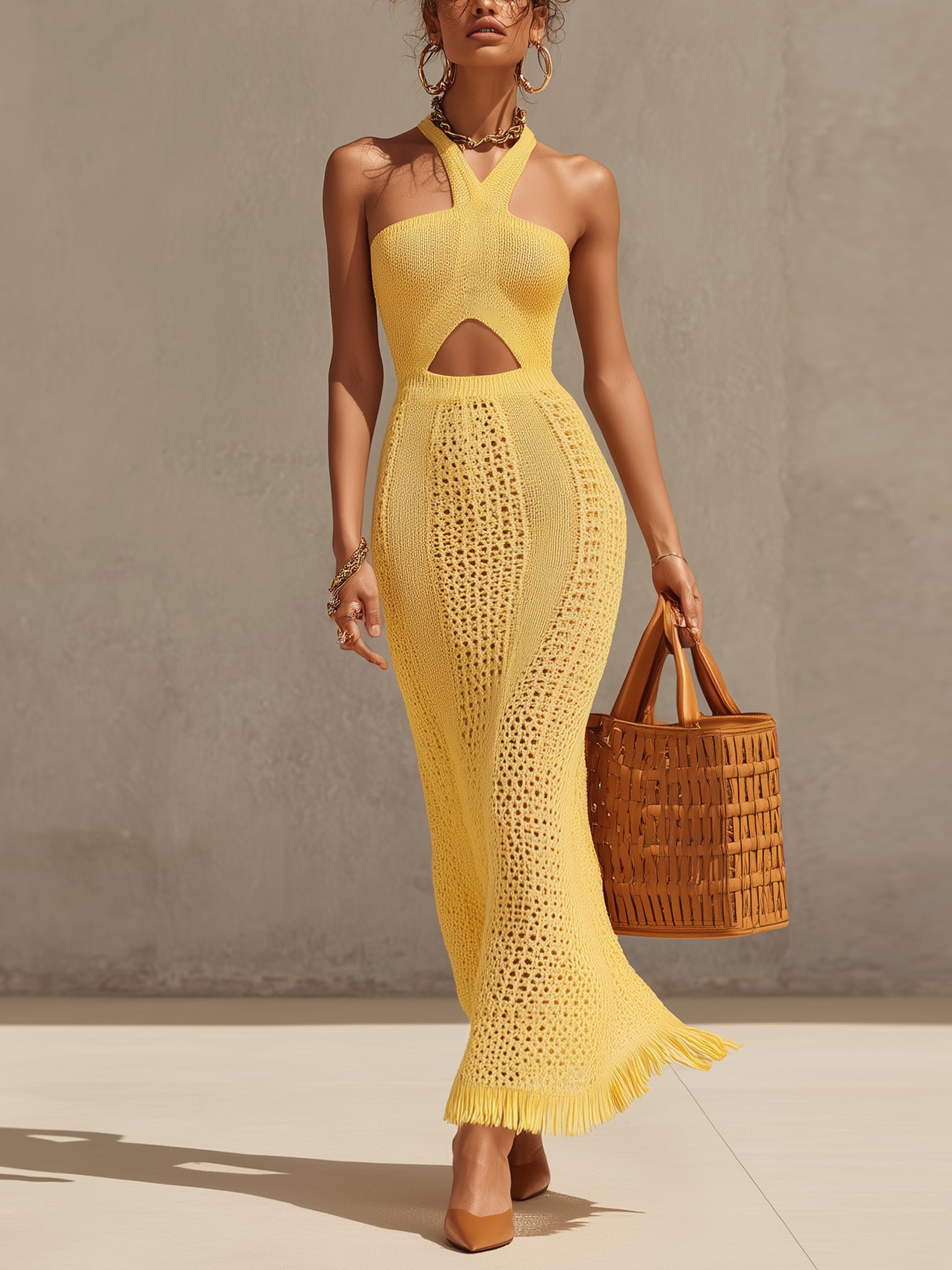 Yellow Knit Crochet Sleeveless Fringe Dress Yellow Knit Crochet Sleeveless Fringe Dress