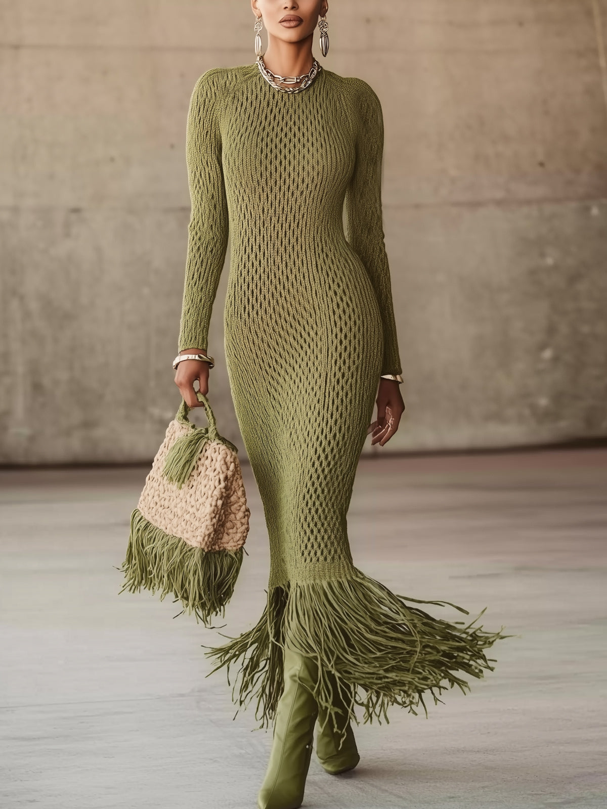 Olive Green Knit Fringe Hem Bodycon Maxi Dress Olive Green Knit Fringe Hem Bodycon Maxi Dress